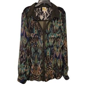 Fig and Flower Abstract Print Button Front Shirt Top Lace Back Green L